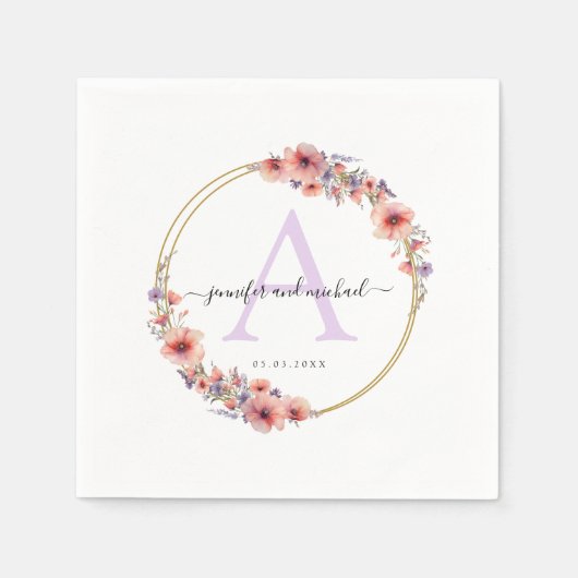Monogramm, elegant, Wildblume, Kreishochzeit Serviette (Vorderseite)