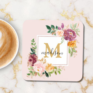 Monogramm Elegante Aquarell-Rosen-Blumen-Botanik Getränkeuntersetzer