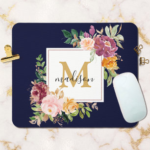Monogramm Elegante Aquarell-Rosen Floral Botanisch Mousepad