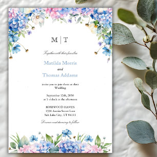 Monogramm Elegante Blaue Hortensien-Rand-Hochzeit Einladung