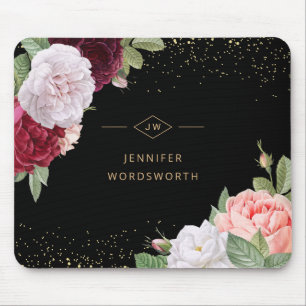 Monogramm Elegante Florale Rose Pink Burgund Schwa Mousepad