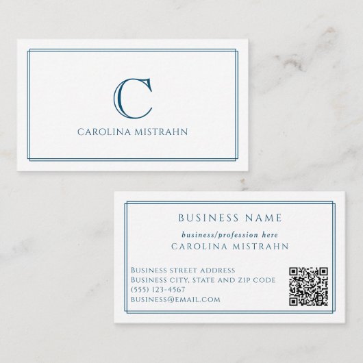 Monogramm Elegante Navyblaue Umrandung QR-Code Visitenkarte (Vorne/Hinten)