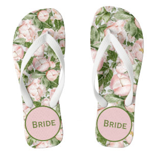 Monogramm Elegante Rosa Grüne Blumen Braut Badesandalen