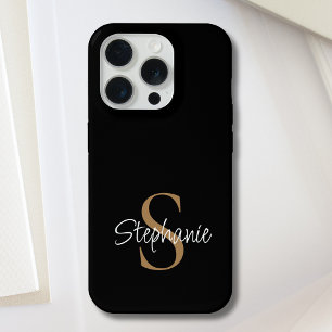 Monogramm Elegante Schrift Name Schwarz Gold  iPhone 15 Pro Hülle