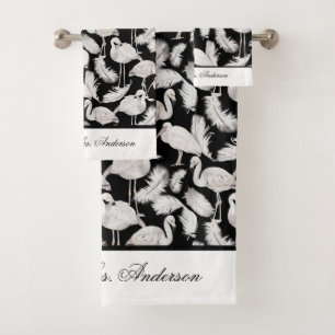 Monogramm Elegante Schrift Schwarz Weiße Schwäne F Badhandtuch Set
