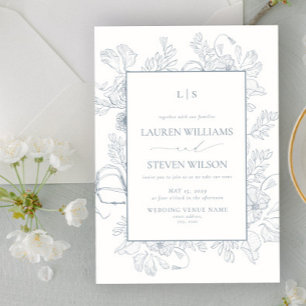 Monogramm Elegante Staubblaue Florale Hochzeit Einladung