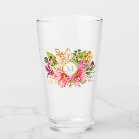 Monogramm Elegante Vintage Blume Rosa Pastell Glas (Vorderseite)