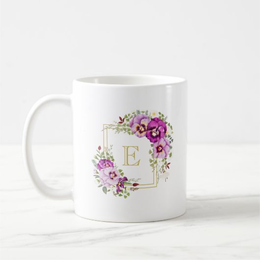 Monogramm Elegante Vintage, florale Lila Stiefmütt Kaffeetasse (Links)