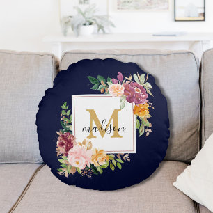 Monogramm Elegante Wasserfarbe-Rose Botanisch Rundes Kissen