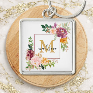 Monogramm Elegante Wasserfarbe Rose Botanisch Schlüsselanhänger