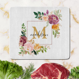 Monogramm Elegante Wasserfarbe-Rosen-Blumen-Botani Schneidebrett