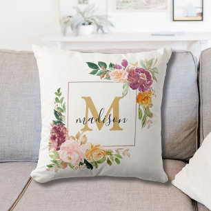 Monogramm Elegante Wasserfarbe-Rosen Florale Botan Kissen