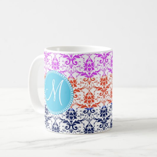 Monogramm-eleganter Regenbogen-bunter Damast Kaffeetasse (Vorderseite Links)