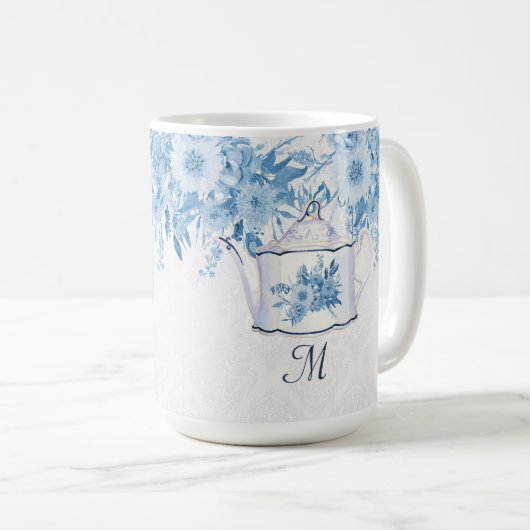 Monogramm Eleganter Teekopf Dusty Blue n White Flo Kaffeetasse (VorderseiteRechts)
