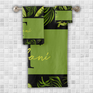 Monogramm eleganter tropischer Blätter Badhandtuch Set
