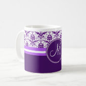 Monogramm Eleganter Vintager Lila und weißer Damas Kaffeetasse (Vorderseite Links)