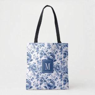 Monogramm Elegantes Vintage Blau Weiß Blumenmuster Tasche
