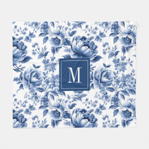 Monogramm Elegantes Vintage Blaues Blumenmuster Fleecedecke