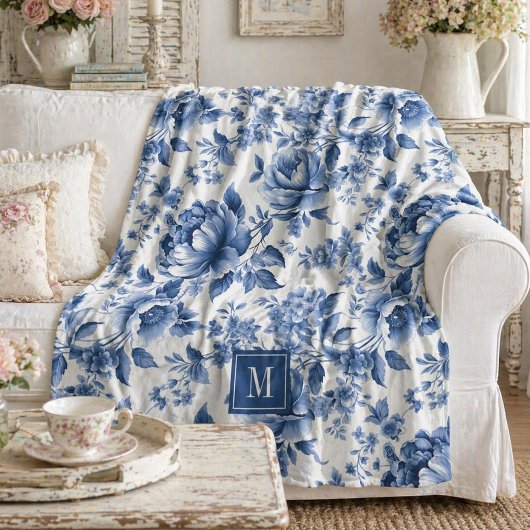 Monogramm Elegantes Vintage Blaues Blumenmuster Fleecedecke