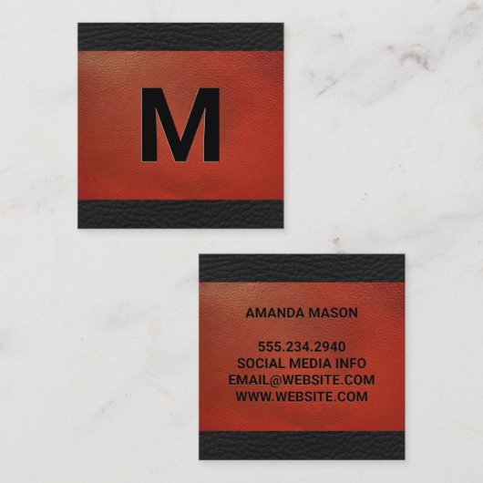 Monogramm | Emboss Lettern Red Leather Quadratische Visitenkarte (Vorne/Hinten)