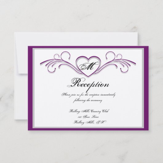 Monogramm-Empfang für lila und Silberherz Einladung (Vorderseite)