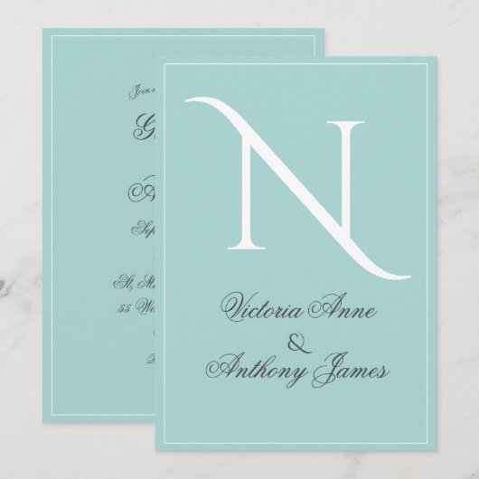 Monogramm erste blaue Rahmen Hochzeit Einladung (Vorne/Hinten)