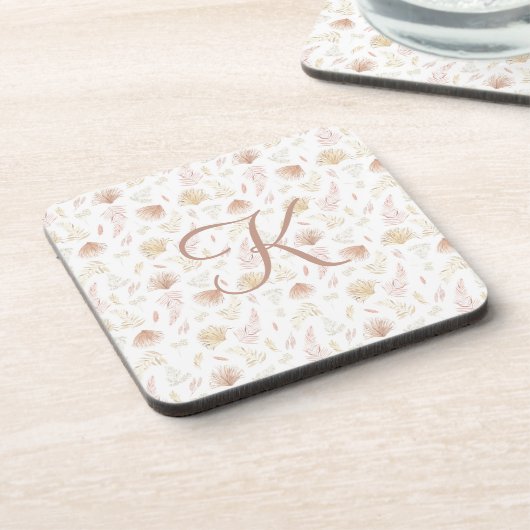 Monogramm Erste botanische Rose Gold Tan Neutral Getränkeuntersetzer (Linke Seite)