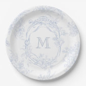 Monogramm erste florale Blue Toile Wedding Bridal Pappteller (Vorderseite)