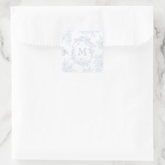 Monogramm erste florale Blue Toile Wedding Bridal Quadratischer Aufkleber (Tasche)
