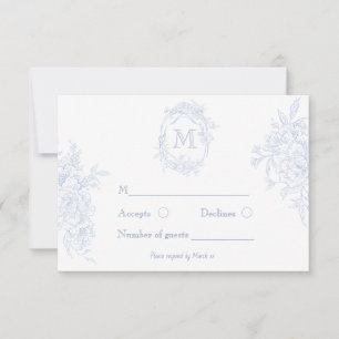 Monogramm erste florale Blue Toile Wedding Bridal RSVP Karte
