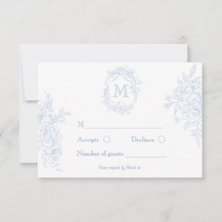 Monogramm erste florale Blue Toile Wedding Bridal RSVP Karte
