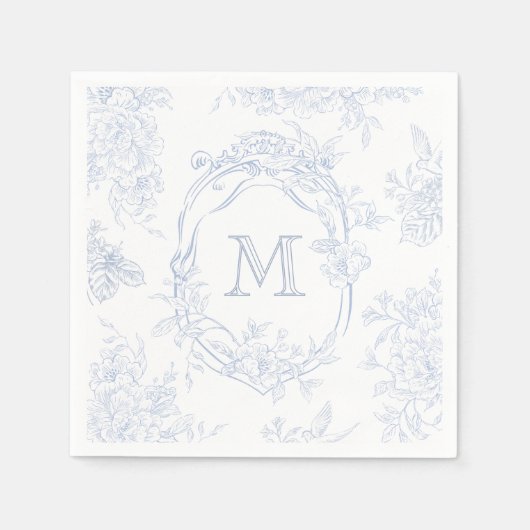 Monogramm erste florale Blue Toile Wedding Bridal Serviette (Vorderseite)