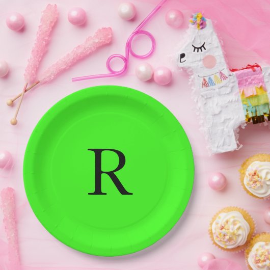 Monogramm erste Neon Green Bright Farbgebung Pappteller (Party)