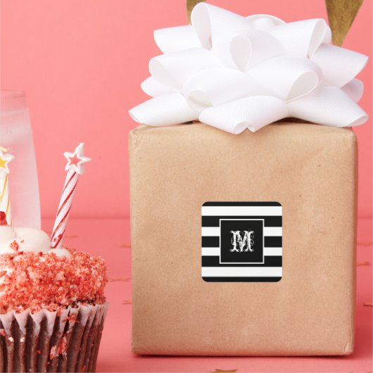 Monogramm Erstklassige Chic Cool B & W Streifen Quadratischer Aufkleber (Party)