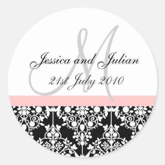 Monogramm-Etiketten - Rosa/Schwarz - Damaskus-Trel Runder Aufkleber (Vorderseite)