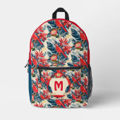 Monogramm Exotische Blume und rote Vogelmuster Boh Bedruckter Rucksack (Vorderseite)
