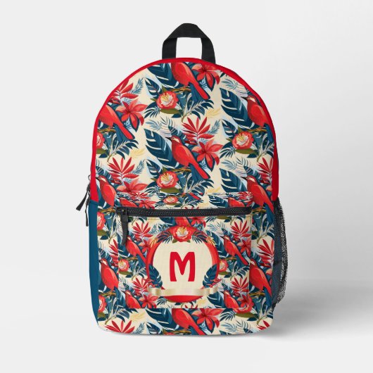 Monogramm Exotische Blume und rote Vogelmuster Boh Bedruckter Rucksack (Vorderseite)
