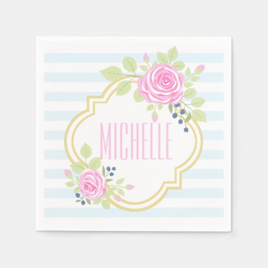 Monogramm Extravagante Rose Blueberepapier Napkins Serviette (Vorderseite)