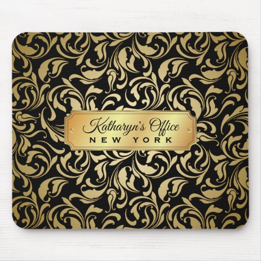 Monogramm-extravagantes Gold blühen schwarzes Luxe Mousepad (Vorne)