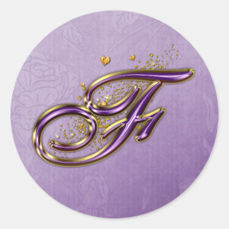 Monogramm-F-Aufkleber für lila Glitzer und Gold Runder Aufkleber