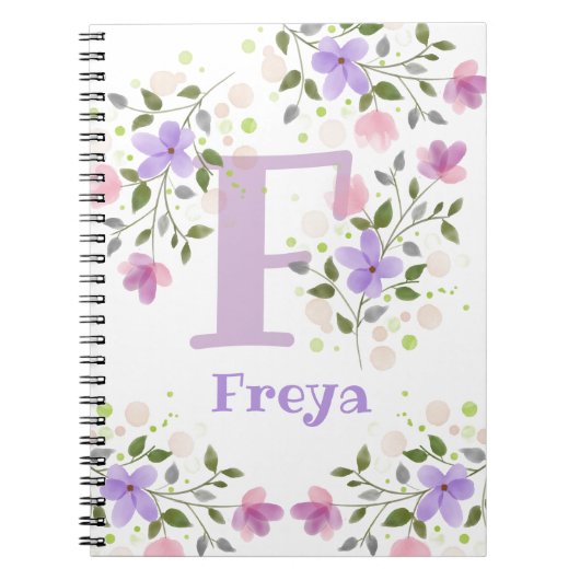 Monogramm F & Name Freya mit Blume Notizblock (Vorderseite)