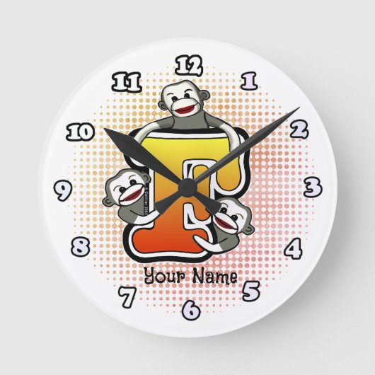 Monogramm F Sock Monkey-Uhr Runde Wanduhr (Vorderseite)