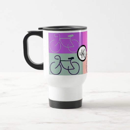 Monogramm-Fahrrad quadriert Lila, Pfirsich und Reisebecher (Links)