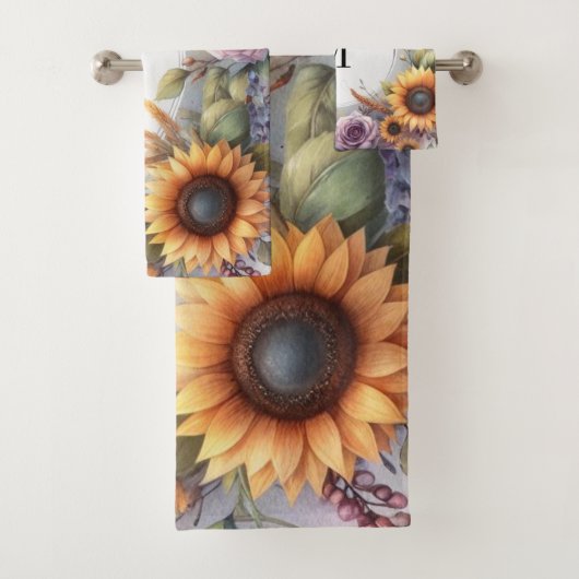 Monogramm Fall Blume und Sonnenblumen Aquarell Badhandtuch Set (Insitu)