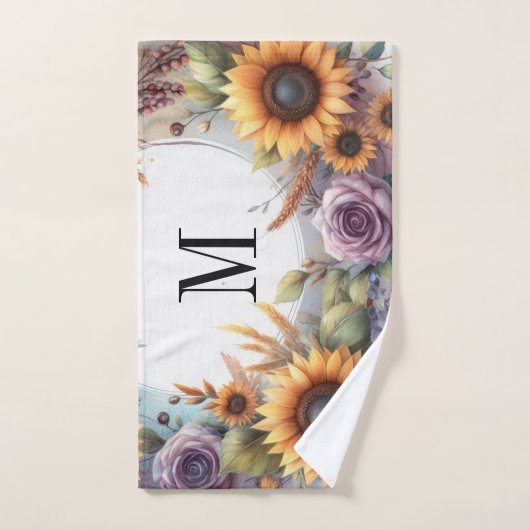 Monogramm Fall Blume und Sonnenblumen Aquarell Badhandtuch Set (Handtuch)
