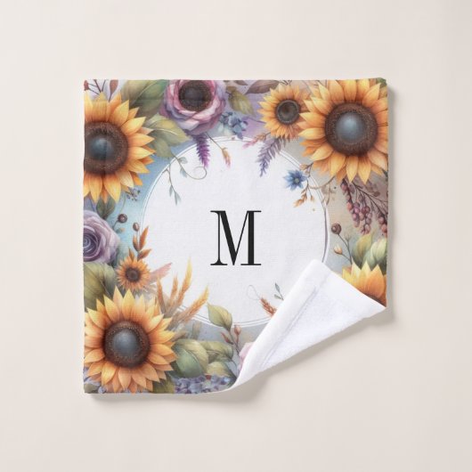 Monogramm Fall Blume und Sonnenblumen Aquarell Badhandtuch Set (Waschlappen)