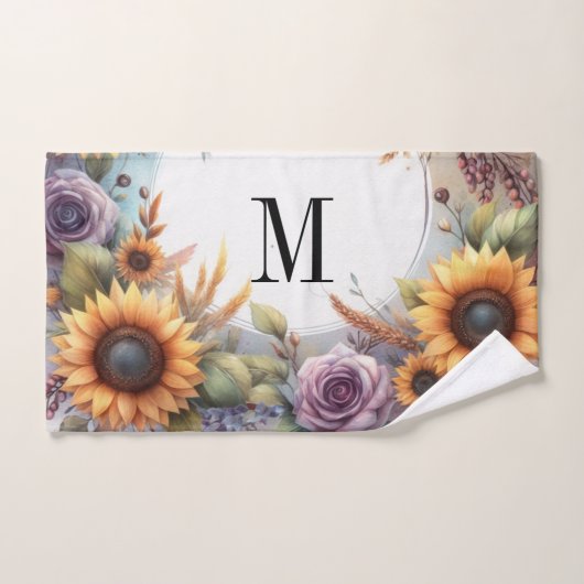Monogramm Fall Blume und Sonnenblumen Aquarell Badhandtuch Set (Handtuch)