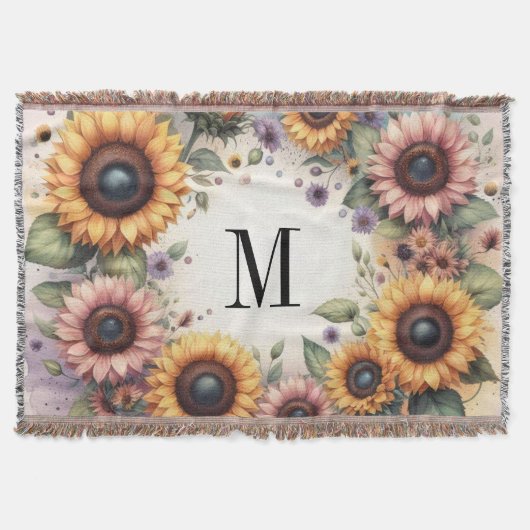 Monogramm Fall Blume und Sonnenblumen Aquarell Decke (Vorderseite)