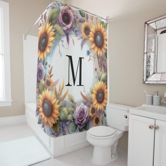 Monogramm Fall Blume und Sonnenblumen Aquarell Duschvorhang (Beispiel)