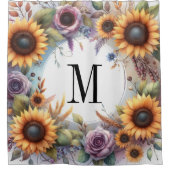 Monogramm Fall Blume und Sonnenblumen Aquarell Duschvorhang (Vorderseite)